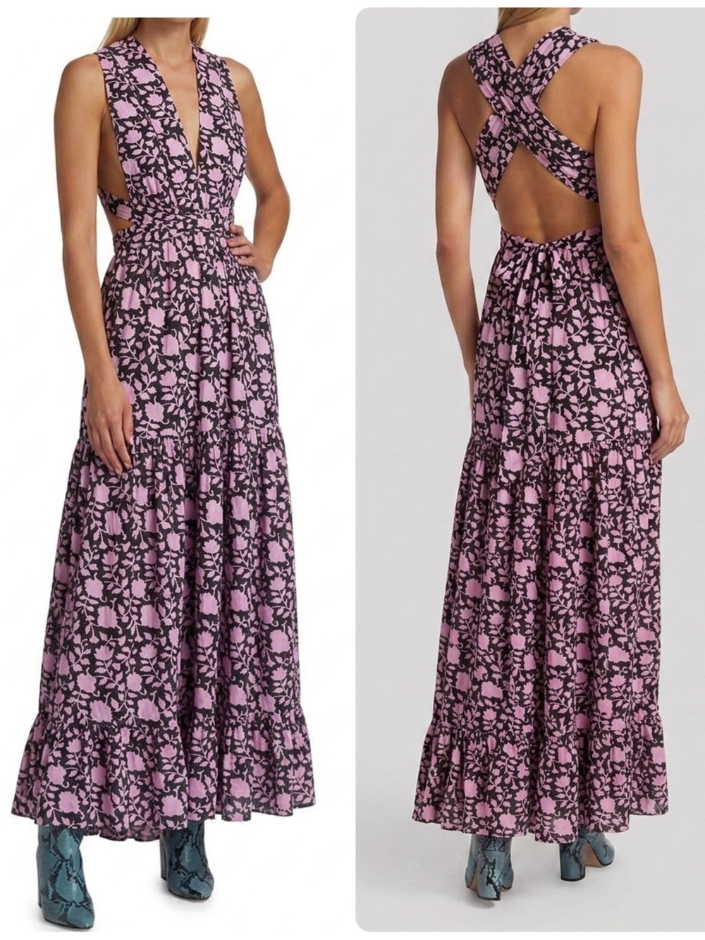HANNAH ARTWEAR Chloe Floral Cross-back Maxi Dress Pink Floral V-Neck (107)